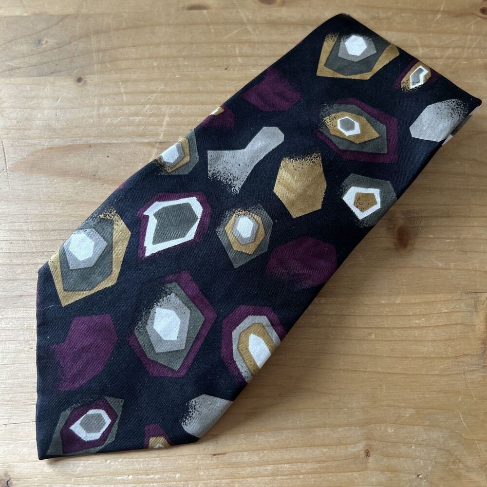 Vintage Contissima Tie Black w Abstract Colorful Shapes Silk Necktie 59 x 3.75